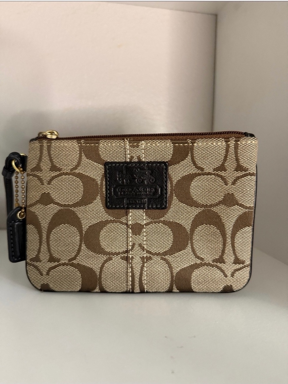 Coach Beige and Brown Signature Zip Pouch